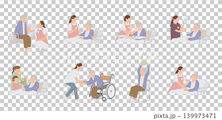 一組描繪女性工作人員為老年人提供護理和生命支持的插圖。 139973471