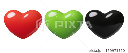 3d Heart shapes in green, black and red color smooth plastic icons isolated on white 3d Heart shapes in green, black and red color smooth plastic icons isolated on white 139973520