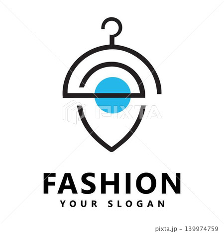 Modern clothing brand logo with hanger and blue circle symbol Modern clothing brand logo with hanger and blue circle symbol 139974759