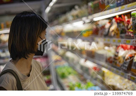 Woman Shopping For Groceries In A Supermarket. Female customer wearing black face mask selecting fresh products from fridge in store, useful for retail business or pandemic lifestyle content. Woman Shopping For Groceries In A Supermarket. Female customer wearing black face mask selecting fresh products from fridge in store, useful for retail business or pandemic lifestyle content. 139974769