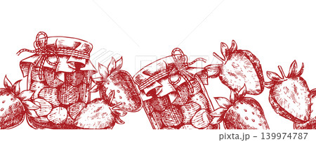 Seamless border of strawberries and strawberry jam. Vector illustration in sketch style. Seamless border of strawberries and strawberry jam. Vector illustration in sketch style. 139974787