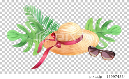 Banner of the straw hat, sunglasses, monstera and palm branches. Watercolor illustration. Handmade art work. For packaging design, cards, cover, prints, product labels and fabric. Banner of the straw hat, sunglasses, monstera and palm branches. Watercolor illustration. Handmade art work. For packaging design, cards, cover, prints, product labels and fabric. 139974884