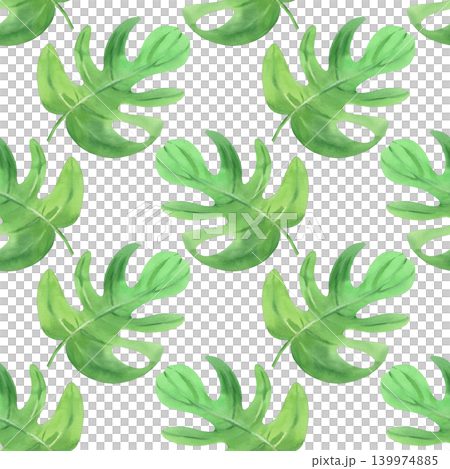 Seamless pattern of the monstera leaves. Watercolor illustration. Handmade art work. For packaging design, cards, cover, prints, product labels and fabric. Seamless pattern of the monstera leaves. Watercolor illustration. Handmade art work. For packaging design, cards, cover, prints, product labels and fabric. 139974885
