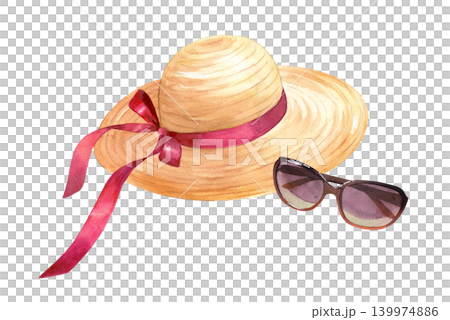 Straw hat and sunglasses. Watercolor illustration. Handmade art work. For packaging design, cards, cover, prints, product labels and fabric. Straw hat and sunglasses. Watercolor illustration. Handmade art work. For packaging design, cards, cover, prints, product labels and fabric. 139974886