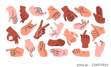 Set of human hands, wrists, fingers, palms in various skin tones. Different hand positions, gestures, fist, thumbs up, pointing, holding hands, snapping fingers, clap. Communication and sign language. Set of human hands, wrists, fingers, palms in various skin tones. Different hand positions, gestures, fist, thumbs up, pointing, holding hands, snapping fingers, clap. Communication and sign language. 139974929
