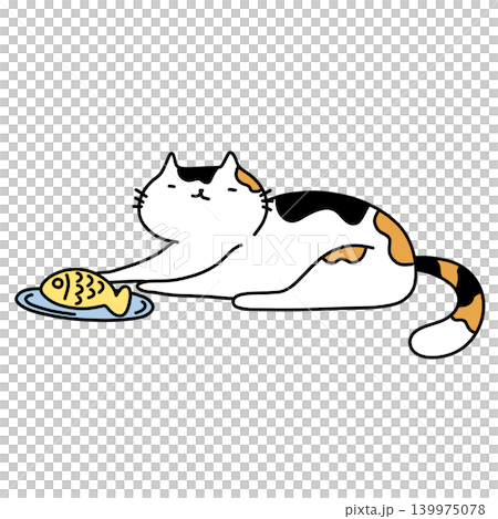 hand drawn illustration of a cute calico cat with happy meal cat food hand drawn illustration of a cute calico cat with happy meal cat food 139975078