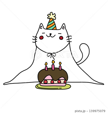 hand drawn illustration of a cute white cat with happy birthday cake hand drawn illustration of a cute white cat with happy birthday cake 139975079
