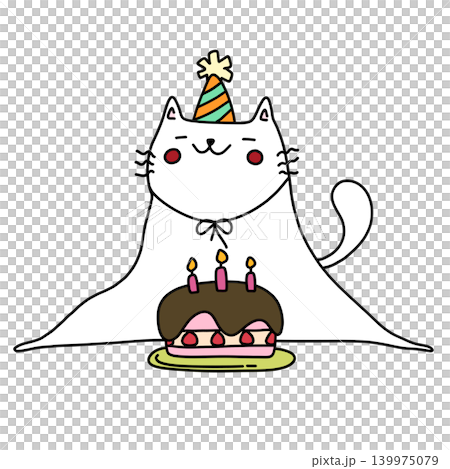 hand drawn illustration of a cute white cat with happy birthday cake hand drawn illustration of a cute white cat with happy birthday cake 139975079