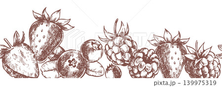 Seamless border with strawberries, raspberries, and blueberries. Vector illustration in a vintage sketch style. Seamless border with strawberries, raspberries, and blueberries. Vector illustration in a vintage sketch style. 139975319