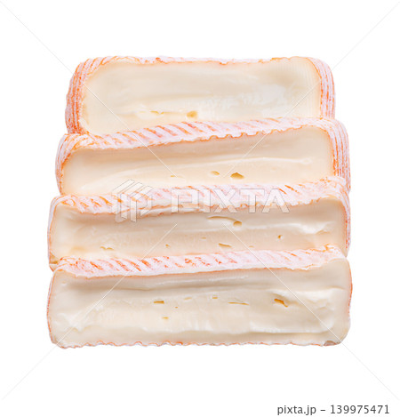 Slices of French soft cheese with washed rind. Cheese made from cow milk, featuring a washed, edible orange-red rind, and a creamy, slightly runny texture. Close-up, from above, isolated food photo Slices of French soft cheese with washed rind. Cheese made from cow milk, featuring a washed, edible orange-red rind, and a creamy, slightly runny texture. Close-up, from above, isolated food photo 139975471