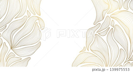 Elegant abstract floral pattern, luxury art deco golden line leaves, flowers, flowing wave ornament. Modern vector illustration, botanical texture, wallpaper, poster, spa branding, invitation. Elegant abstract floral pattern, luxury art deco golden line leaves, flowers, flowing wave ornament. Modern vector illustration, botanical texture, wallpaper, poster, spa branding, invitation. 139975553