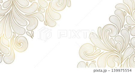 Elegant abstract floral pattern, luxury art deco golden line leaves, flowers, flowing wave ornament. Modern vector illustration, botanical texture, wallpaper, poster, spa branding, invitation. Elegant abstract floral pattern, luxury art deco golden line leaves, flowers, flowing wave ornament. Modern vector illustration, botanical texture, wallpaper, poster, spa branding, invitation. 139975554