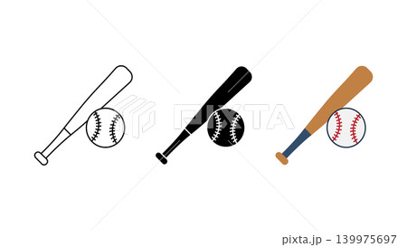Baseball bat and ball icon set outline silhouette and color vector isolated on white background Baseball bat and ball icon set outline silhouette and color vector isolated on white background 139975697