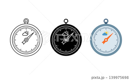 Compass with weather symbol icon set outline silhouette and color vector isolated on white background 139975698