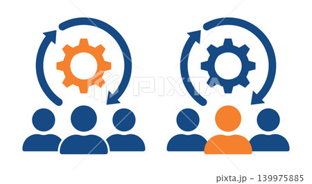 Vector illustration showing two concepts of workflow management. Left side focuses on automation and machinery (orange gear). Right side focuses on the human element and leadership in a team (orange p 139975885