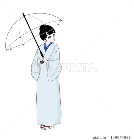 雨上がりの空を見上げる着物女性 139975981
