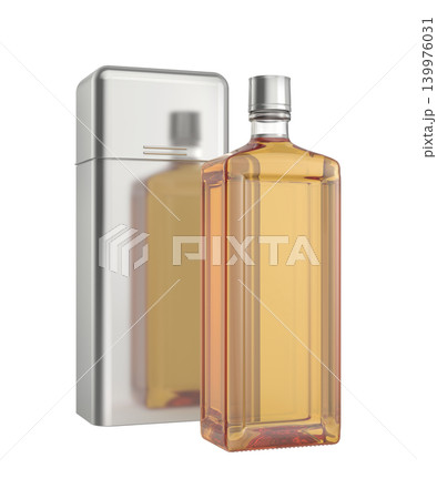 Bottle of whisky and a shiny metal box 139976031