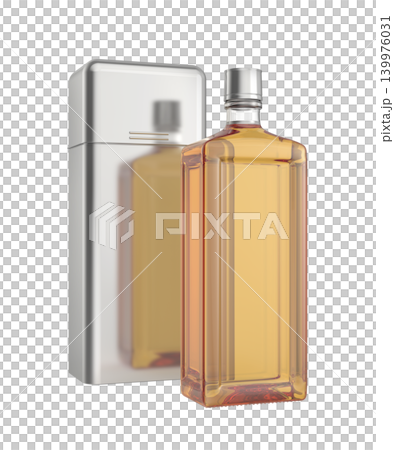 Bottle of whisky and a shiny metal box 139976031