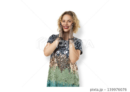 Woman smiles with hands on her face showing happiness, PNG Woman smiles with hands on her face showing happiness, PNG 139976076