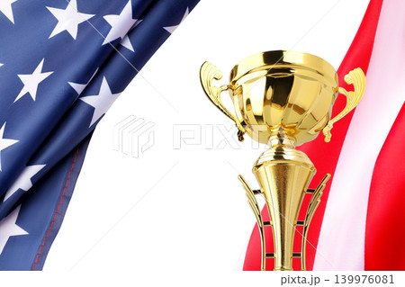 Trophy, Cup placed between USA flags, PNG 139976081