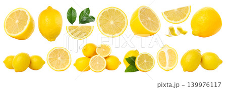 Lemons cut in different ways with green leaves, PNG Lemons cut in different ways with green leaves, PNG 139976117