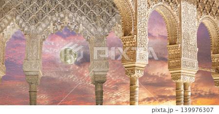 Arches in Islamic (Moorish) style (against the sunset) in Alhambra, Granada, Spain Arches in Islamic (Moorish) style (against the sunset) in Alhambra, Granada, Spain 139976307