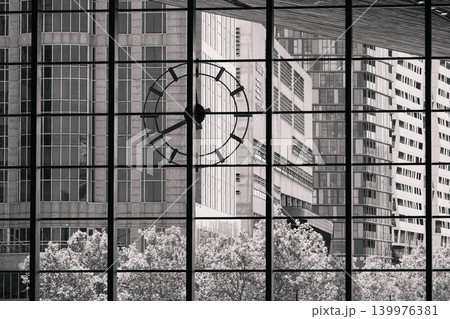Black and White View of Rotterdam City Buildings Through Window 139976381