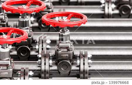 Industrial pipeline system 3d red valves 139976668