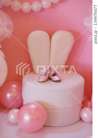 Pink Ballet Shoes on Plush Bunny Ear Seat with Balloons for Birthday Party Decoration 139976877