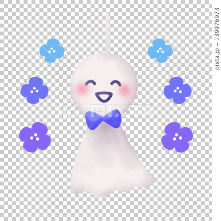 Illustration of a smiling teru teru bozu (weather doll) and hydrangeas Illustration of a smiling teru teru bozu (weather doll) and hydrangeas 139976973