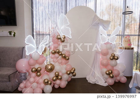 Elegant Pink and Gold Balloon Arch Decoration with White Butterfly Accents for Birthday or Baby Shower Elegant Pink and Gold Balloon Arch Decoration with White Butterfly Accents for Birthday or Baby Shower 139976997