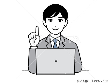 パソコンの前で指さしで説明するスーツ姿の若い男性のイラスト モノトーン パソコンの前で指さしで説明するスーツ姿の若い男性のイラスト モノトーン 139977326