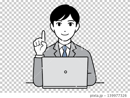 パソコンの前で指さしで説明するスーツ姿の若い男性のイラスト モノトーン パソコンの前で指さしで説明するスーツ姿の若い男性のイラスト モノトーン 139977326