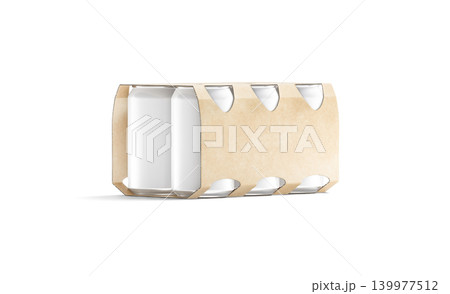 Blank craft six beer can cardboard pack mockup png, transparent background, 3d rendering. Empty folding kraft package for aluminum jar mock up cut out. Clear take out drink packaging mokcup template. 139977512