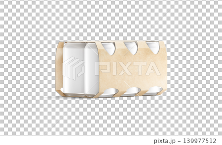 Blank craft six beer can cardboard pack mockup png, transparent background, 3d rendering. Empty folding kraft package for aluminum jar mock up cut out. Clear take out drink packaging mokcup template. 139977512
