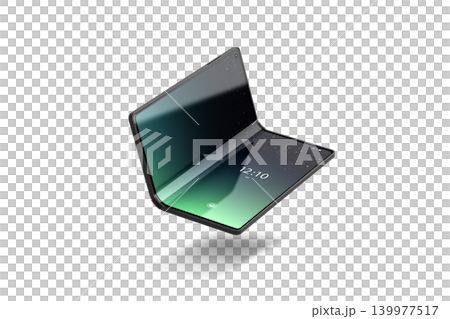 Blank turned on flexible book phone display opened mockup png, transparent background, 3d rendering. Empty elastic book smarphone with splash screen mock up cut out. Clear half folded gadget template. Blank turned on flexible book phone display opened mockup png, transparent background, 3d rendering. Empty elastic book smarphone with splash screen mock up cut out. Clear half folded gadget template. 139977517