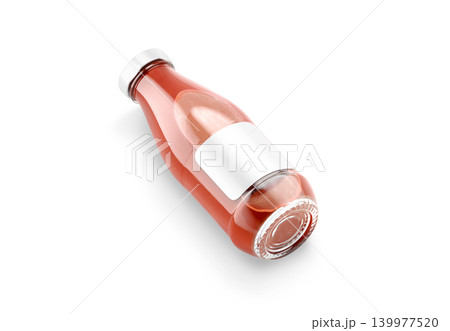 Blank transparent glass tomato juice bottle with white label mockup png, transparent background, 3d rendering. Empty tomatoes beverage in jar lying mock up cut out. Clear plant soda canned template. 139977520