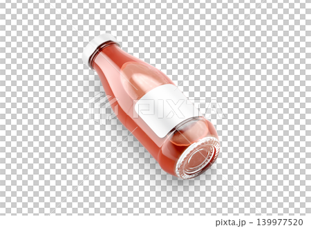 Blank transparent glass tomato juice bottle with white label mockup png, transparent background, 3d rendering. Empty tomatoes beverage in jar lying mock up cut out. Clear plant soda canned template. 139977520
