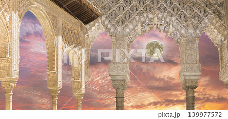 Arches in Islamic (Moorish) style (against the sunset with the super moon) in Alhambra, Granada, Spain Arches in Islamic (Moorish) style (against the sunset with the super moon) in Alhambra, Granada, Spain 139977572
