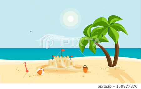 Sand Castle on Sandy Beach with Blue Sea Ocean and Clear Summer Sunny Sky Sand Castle on Sandy Beach with Blue Sea Ocean and Clear Summer Sunny Sky 139977870