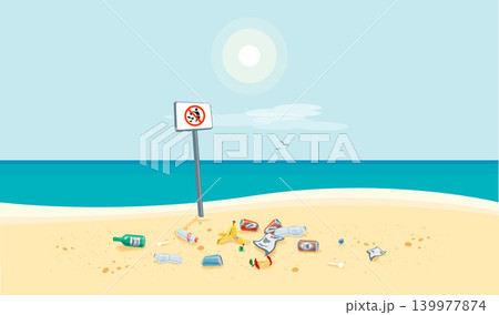 Garbage Pollution Trash on the Sea Sand Beach with No Littering Sign Garbage Pollution Trash on the Sea Sand Beach with No Littering Sign 139977874