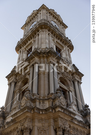 Dolmabahce Clock Tower facade, this is a historical clock tower in Istanbul, Turkey 139977946