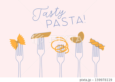 Italian tasty pasta poster different traditional types and shapes light 139978119