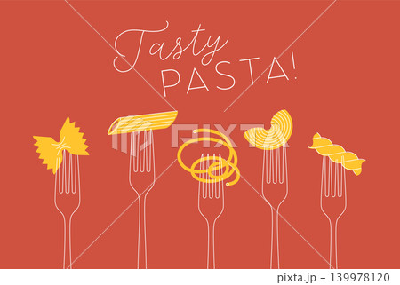 Italian tasty pasta poster different traditional types and shapes red Italian tasty pasta poster different traditional types and shapes red 139978120