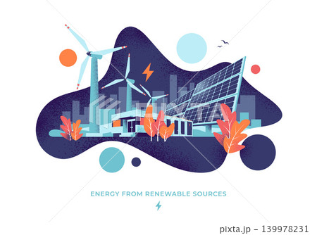 Solar and Wind Electric Power Plant Fluid Circle Style Illustration 139978231