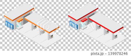 A set of illustrations of a gas station store and fuel pumps. 139978246