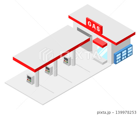 斜め後ろの視点から描いた赤いガソリンスタンドの建物イラスト 斜め後ろの視点から描いた赤いガソリンスタンドの建物イラスト 139978253