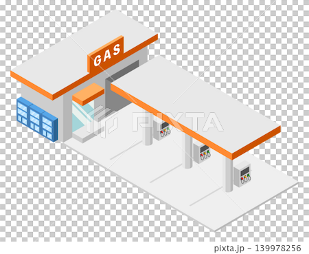 An isometric illustration of a gas station with a distinctive orange roof. An isometric illustration of a gas station with a distinctive orange roof. 139978256