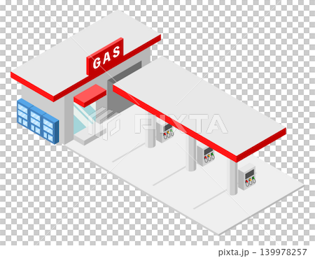 A three-dimensional representation of a red gas station with an attached shop. A three-dimensional representation of a red gas station with an attached shop. 139978257