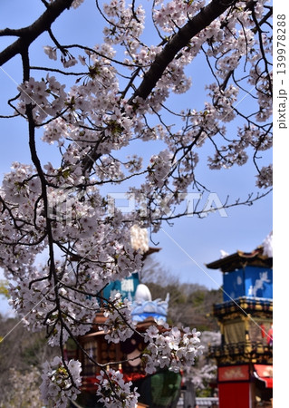 日本の愛知県の犬山市 春の犬山祭りと満開の桜 犬山城前広場に集まる車山 からくり人形の奉納前の光景 日本の愛知県の犬山市 春の犬山祭りと満開の桜 犬山城前広場に集まる車山 からくり人形の奉納前の光景 139978288